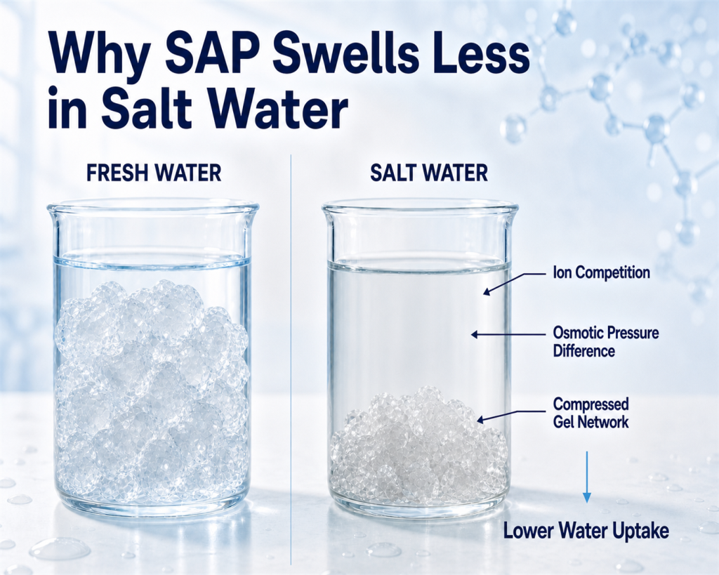 Why Does SAP Absorb Less Water in Saline Water?